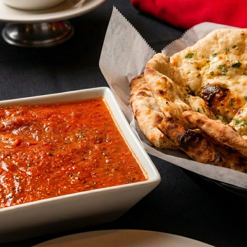 A white bowl of red curry sauce next to a basket of naan bread on a dark tablecloth.