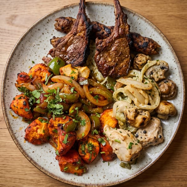 A platter of grilled lamb chops, chicken tikka, and sautéed vegetables on a wooden table.