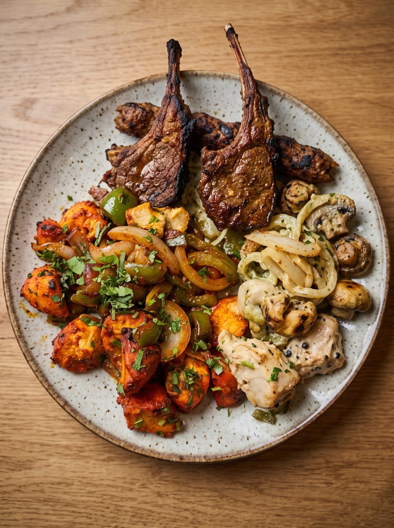 A platter of grilled lamb chops, chicken tikka, and sautéed vegetables on a wooden table.