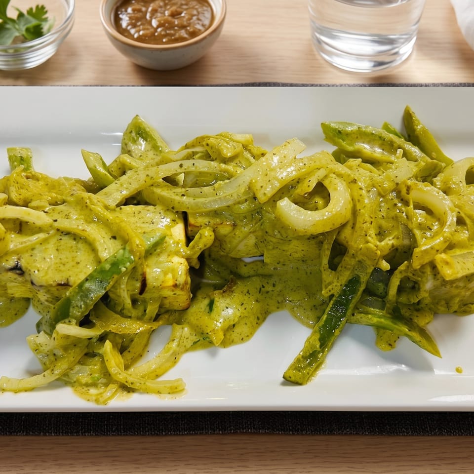 Green curry chicken with sliced onions and peppers on a white rectangular plate.